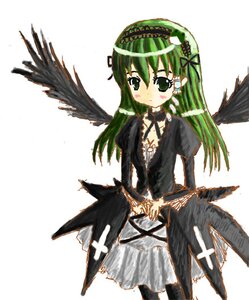 Rating: Safe Score: 0 Tags: 1girl black_dress black_wings blush dress green_eyes green_hair image long_hair long_sleeves solo standing suigintou white_background wings User: admin