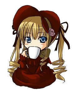 Rating: Safe Score: 0 Tags: 1girl blonde_hair blue_eyes cup drill_hair drinking hat holding holding_cup image long_hair long_sleeves looking_at_viewer mug ringlets shinku simple_background sitting solo teacup twin_drills white_background User: admin