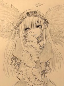 Rating: Safe Score: 0 Tags: 1girl bangs dress eyebrows_visible_through_hair frills hairband image long_hair long_sleeves looking_at_viewer monochrome ribbon solo suigintou traditional_media very_long_hair wings User: admin