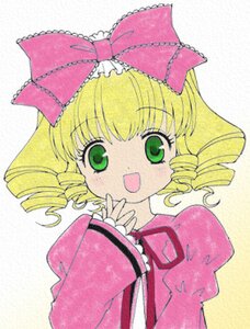 Rating: Safe Score: 0 Tags: 1girl :d blonde_hair bow dress drill_hair eyebrows_visible_through_hair frills green_eyes hina_ichigo hinaichigo image juliet_sleeves long_sleeves looking_at_viewer open_mouth pink_bow puffy_sleeves short_hair simple_background smile solo upper_body User: admin