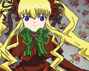 Rating: Safe Score: 0 Tags: 1girl blonde_hair blue_eyes bow bowtie dress flower green_bow image long_hair long_sleeves looking_at_viewer pink_rose red_dress rose shinku simple_background solo upper_body yellow_background User: admin