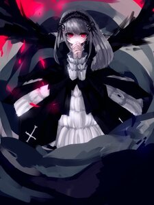 Rating: Safe Score: 0 Tags: 1girl black_wings dress feathers flower frills hairband image lolita_fashion long_hair long_sleeves looking_at_viewer petals red_eyes ribbon rose silver_hair solo suigintou wings User: admin