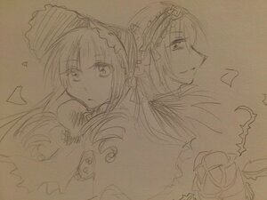 Rating: Safe Score: 0 Tags: 2girls back-to-back flower hairband image long_hair looking_at_viewer monochrome multiple_girls pair shinku sketch smile suigintou traditional_media User: admin
