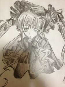 Rating: Safe Score: 0 Tags: 1girl image long_hair long_sleeves looking_at_viewer monochrome photo shinku simple_background sketch solo traditional_media twintails upper_body User: admin