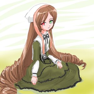 Rating: Safe Score: 0 Tags: 1girl brown_hair dress drill_hair frills green_dress green_eyes head_scarf heterochromia image long_hair long_sleeves looking_at_viewer red_eyes sitting solo striped_background suiseiseki twin_drills twintails very_long_hair User: admin