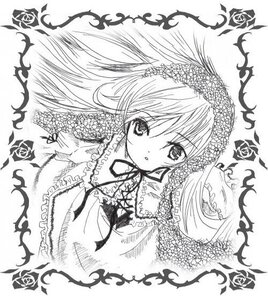 Rating: Safe Score: 0 Tags: 1girl dress flower frills greyscale image lace long_hair long_sleeves looking_at_viewer monochrome ribbon rose solo suiseiseki very_long_hair User: admin