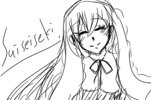 Rating: Safe Score: 0 Tags: 1girl blush closed_eyes greyscale image long_hair monochrome neck_ribbon ribbon simple_background sketch smile solo suiseiseki twintails upper_body white_background User: admin