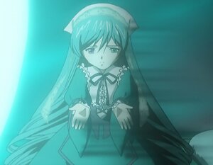 Rating: Safe Score: 0 Tags: 1girl aqua_theme blue_theme dress frills image long_hair long_sleeves looking_at_viewer monochrome ribbon simple_background solo suiseiseki very_long_hair User: admin