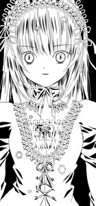 Rating: Safe Score: 0 Tags: 1girl closed_mouth dress greyscale hair_ribbon image long_hair looking_at_viewer monochrome ribbon simple_background smile solo suigintou upper_body white_background User: admin