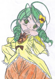Rating: Safe Score: 0 Tags: 1girl antenna_hair bow bowtie dress drill_hair frills green_eyes green_hair hair_ornament hand_to_own_mouth image kanaria long_sleeves solo traditional_media white_background User: admin