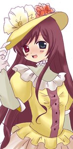 Rating: Safe Score: 0 Tags: 1girl :d blush brown_hair dress flower frills hat heterochromia image long_hair long_sleeves looking_at_viewer open_mouth red_eyes simple_background smile solo suiseiseki very_long_hair yellow_dress User: admin