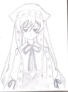 Rating: Safe Score: 0 Tags: 1girl blush dress image long_hair long_sleeves monochrome ribbon solo striped suiseiseki traditional_media upper_body User: admin