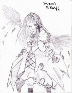 Rating: Safe Score: 0 Tags: 1girl boots dress frills gloves greyscale hairband image long_hair long_sleeves looking_at_viewer monochrome solo standing suigintou traditional_media very_long_hair wings User: admin