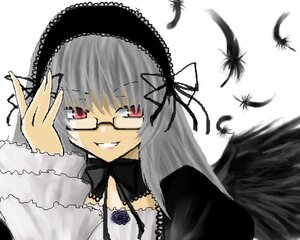 Rating: Safe Score: 0 Tags: 1girl bangs bird black_dress black_feathers black_wings detached_collar dress feathered_wings feathers flower frills glasses hairband image long_hair long_sleeves looking_at_viewer rose silver_hair simple_background smile solo suigintou wings User: admin