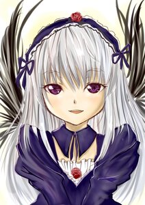 Rating: Safe Score: 3 Tags: 1girl :d auto_tagged bangs blush detached_collar dress flower frills hairband image juliet_sleeves lolita_hairband long_hair long_sleeves looking_at_viewer open_mouth puffy_sleeves red_rose ribbon rose silver_hair smile solo suigintou upper_body white_background User: admin