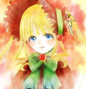 Rating: Safe Score: 0 Tags: 1girl blonde_hair blue_eyes blush bonnet bow bowtie dress drill_hair flower green_bow green_neckwear image long_hair looking_at_viewer rose shinku sidelocks solo twintails upper_body User: admin