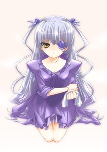 Rating: Safe Score: 0 Tags: 1girl barasuishou dress eyepatch frills full_body image long_hair long_sleeves looking_at_viewer puffy_sleeves purple_dress ribbon seiza silver_hair sitting solo two_side_up very_long_hair yellow_eyes User: admin