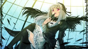 Rating: Safe Score: 0 Tags: 1girl black_legwear black_wings commentary_request crossed_legs dress erubo feathers finger_to_mouth frills hairband highres image lolita_fashion lolita_hairband long_hair long_sleeves looking_at_viewer open_mouth pink_eyes puffy_sleeves red_eyes rozen_maiden silver_hair sitting solo suigintou thighhighs window wings User: admin