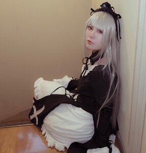 Rating: Safe Score: 0 Tags: 1girl bangs blunt_bangs closed_mouth dress gothic_lolita lips lolita_fashion long_hair long_sleeves looking_at_viewer photo realistic red_eyes ribbon sitting solo suigintou white_hair User: admin