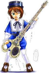 Rating: Safe Score: 0 Tags: 1girl acoustic_guitar amplifier_(instrument) bass_guitar brown_hair dress electric_guitar green_eyes guitar hat holding_instrument image instrument music musical_note pantyhose playing_instrument plectrum short_hair solo souseiseki trembling User: admin