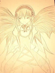 Rating: Safe Score: 0 Tags: 1girl akemi_homura beige_background bow choker dress elbow_gloves feathered_wings gloves hairband image long_hair long_sleeves looking_at_viewer monochrome open_mouth simple_background solo suigintou traditional_media very_long_hair white_background wings User: admin
