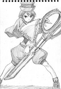 Rating: Safe Score: 0 Tags: 1girl bangs boots cape capelet greyscale hat image long_sleeves looking_at_viewer monochrome shoes short_hair shorts solo souseiseki standing weapon User: admin