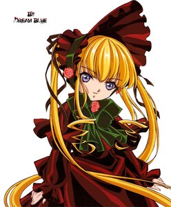 Rating: Safe Score: 0 Tags: 1girl blonde_hair blue_eyes bonnet bow bowtie dress flower green_bow green_neckwear image long_hair long_sleeves looking_at_viewer pink_rose red_capelet red_dress rose shinku sidelocks simple_background solo twintails white_background User: admin