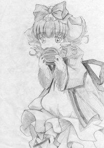 Rating: Safe Score: 0 Tags: 1girl bow cowboy_shot frills graphite_(medium) greyscale hair_bow hinaichigo image kagiyama_hina long_sleeves looking_at_viewer monochrome ribbon solo traditional_media User: admin