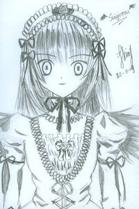 Rating: Safe Score: 0 Tags: 1girl detached_collar dress frills hairband image lolita_fashion lolita_hairband long_hair long_sleeves looking_at_viewer monochrome ribbon simple_background smile solo suigintou traditional_media upper_body User: admin