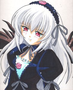 Rating: Safe Score: 0 Tags: 1girl artist_request black_dress blush brown_wings detached_collar dress flower frills from_above grey_background hairband image juliet_sleeves lolita_hairband long_hair long_sleeves looking_at_viewer lowres marker_(medium) pink_eyes puffy_sleeves ribbon rose rozen_maiden silver_hair simple_background smile solo suigintou traditional_media upper_body very_long_hair white_background wings User: admin