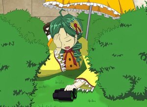 Rating: Safe Score: 0 Tags: 1girl bow closed_eyes dress frills grass green_hair hair_ornament image kanaria open_mouth outdoors parasol solo umbrella User: admin