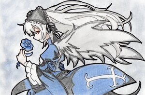 Rating: Safe Score: 0 Tags: 1girl black_ribbon blue_flower blue_rose dress flower frills hairband holding_flower image juliet_sleeves long_hair long_sleeves puffy_sleeves red_eyes ribbon rose silver_hair solo suigintou traditional_media wings User: admin