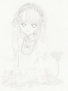 Rating: Safe Score: 0 Tags: 1girl dress flower greyscale hairband image juliet_sleeves lolita_hairband long_hair long_sleeves looking_at_viewer monochrome ribbon rose simple_background solo suigintou upper_body User: admin