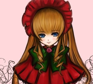 Rating: Safe Score: 0 Tags: 1girl blonde_hair blue_eyes blush bonnet bow bowtie capelet dress flower green_bow image long_hair long_sleeves looking_at_viewer pink_background pink_rose red_dress rose shinku simple_background smile solo upper_body User: admin