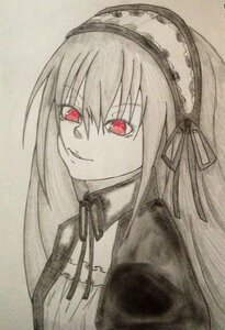 Rating: Safe Score: 0 Tags: 1girl bangs closed_mouth dress eyebrows_visible_through_hair hairband image long_hair long_sleeves looking_at_viewer monochrome red_eyes ribbon simple_background solo suigintou upper_body User: admin