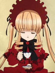Rating: Safe Score: 0 Tags: 1 1girl blonde_hair bonnet bow closed_eyes cup dress drill_hair hat image long_hair long_sleeves open_mouth red_dress rose saucer shinku simple_background solo tea teacup twintails upper_body yellow_background User: admin