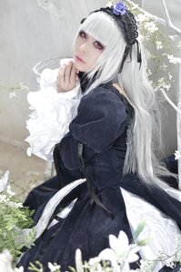 Rating: Safe Score: 0 Tags: 1girl bangs black_dress blurry closed_mouth depth_of_field dress flower gothic_lolita hairband juliet_sleeves lips long_hair long_sleeves looking_at_viewer red_eyes solo suigintou white_flower white_hair User: admin