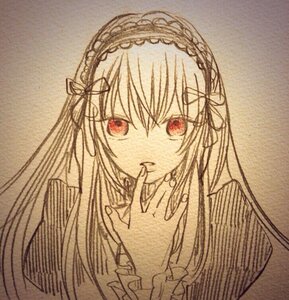 Rating: Safe Score: 0 Tags: 1girl bangs brown_background closed_mouth dress eyebrows_visible_through_hair frills hair_between_eyes hairband image long_hair long_sleeves looking_at_viewer monochrome red_eyes solo suigintou traditional_media User: admin