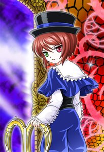 Rating: Safe Score: 0 Tags: 1girl blue_dress brown_hair capelet chain-link_fence dress fence frills green_eyes hat heterochromia image long_sleeves looking_at_viewer looking_back red_eyes short_hair solo souseiseki stained_glass User: admin