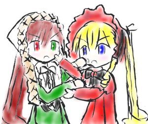 Rating: Safe Score: 0 Tags: 2girls blonde_hair blue_eyes blush bow bowtie dress frills green_eyes head_scarf heterochromia image long_hair long_sleeves multiple_girls pair red_eyes shinku simple_background suiseiseki very_long_hair white_background User: admin