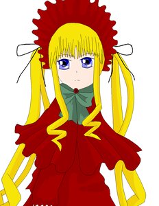 Rating: Safe Score: 0 Tags: 1girl bangs blonde_hair blue_eyes bonnet bow bowtie capelet dress flower green_bow image long_hair long_sleeves looking_at_viewer red_dress rose shinku sidelocks simple_background solo twintails white_background User: admin