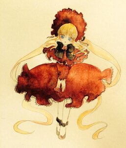 Rating: Safe Score: 0 Tags: 1girl bangs blonde_hair blue_eyes bonnet bow dress flower full_body image long_hair long_sleeves looking_at_viewer red_dress rose shinku shoes solo standing very_long_hair User: admin