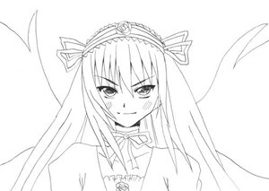 Rating: Safe Score: 0 Tags: 1girl blush dress frills hairband image long_hair long_sleeves looking_at_viewer monochrome ribbon simple_background smile solo suigintou upper_body white_background wings User: admin