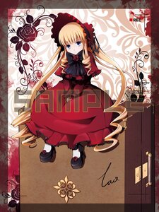 Rating: Safe Score: 0 Tags: 1girl blonde_hair blue_eyes bonnet bow bowtie capelet dress drill_hair flower full_body image long_hair long_sleeves looking_at_viewer red_capelet red_dress rose shinku shoes solo twintails very_long_hair User: admin