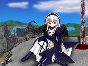 Rating: Safe Score: 0 Tags: 1girl black_wings boots day detached_collar dress frills image juliet_sleeves long_hair long_sleeves looking_at_viewer red_eyes silver_hair sitting sky solo suigintou wings User: admin