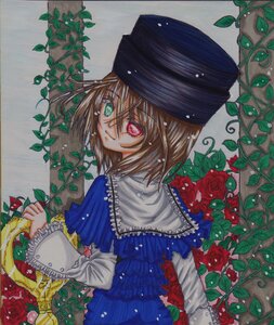 Rating: Safe Score: 0 Tags: 1girl brown_hair capelet flower green_eyes hat heterochromia image leaf long_sleeves looking_at_viewer looking_back plant red_eyes red_flower red_rose rose short_hair solo souseiseki thorns traditional_media vines User: admin