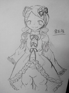 Rating: Safe Score: 0 Tags: 1girl bow dress drill_hair frills greyscale hair_ornament image kanaria long_sleeves monochrome sketch smile solo traditional_media twin_drills User: admin