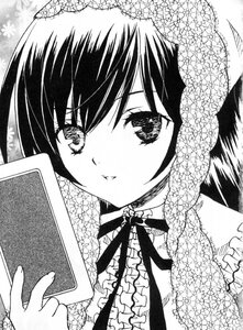 Rating: Safe Score: 0 Tags: 1girl food frills greyscale holding image looking_at_viewer monochrome ribbon smile solo suiseiseki upper_body User: admin