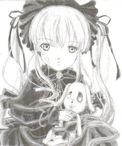 Rating: Safe Score: 0 Tags: 1girl :t auto_tagged bow dress hairband holding image long_hair long_sleeves looking_at_viewer monochrome shinku simple_background solo stuffed_animal traditional_media twintails upper_body white_background User: admin