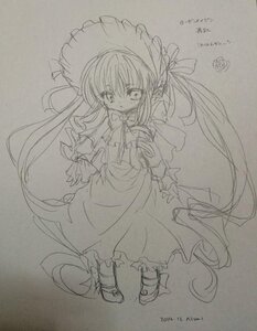 Rating: Safe Score: 0 Tags: 1girl bow dress frills full_body greyscale hat image long_hair long_sleeves looking_at_viewer monochrome photo shinku sketch solo standing traditional_media twintails very_long_hair User: admin